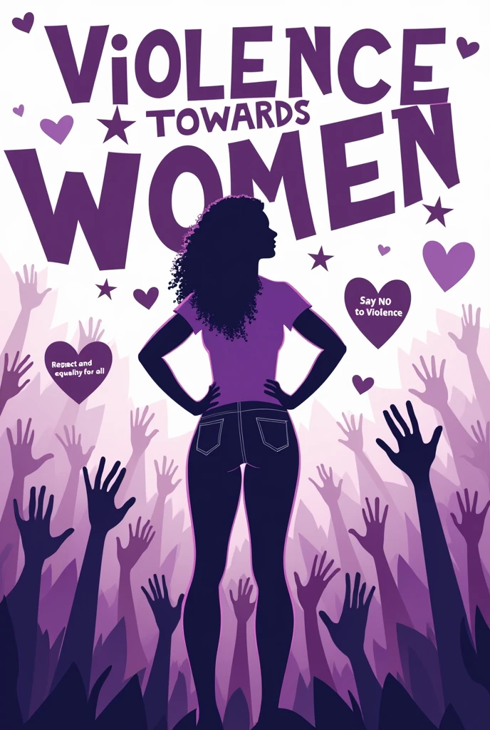 "Create a poster on the theme of preventing violence against women. The poster must convey a strong and empowering message, highlighting the importance of respect, equality and support. Use a striking color palette, like shades of purple and white, that symbolize the cause. Feature an image of a confident, resilient woman, surrounded by symbolic elements such as hands raised in support, purple hearts and bows. The poster text must be clear and direct, with phrases like 'Say No to Violence', 'Respect and Equality for All' and 'Support Women'. The overall tone should be hopeful., but with a sense of urgency for action."