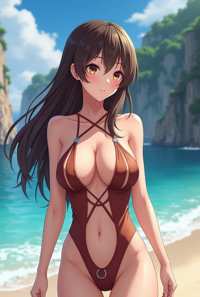 bare_shoulders,navel,o-ring_swimsuit,o-ring,o-ring_top,slingshot_swimsuit,criss-cross_halter,halterneck,one-piece_swimsuit,slingshot_swimsuit,miyako saitou, long hair, brown hair, brown eyes, large breast, beach, rock cliff, (looking side:1.3), (blushed:1.3), face focus, (masterpiece:1.2),(best quality:1.2),(very aesthetic:1.2),(absurdres:1.2),(detailed background:1.1),newest