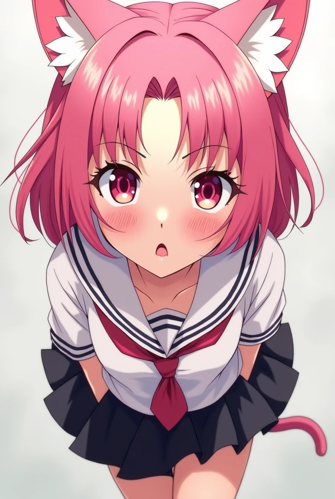 ((best quality)), ((masterpiece)),1 girl， anime girl， Body，Very short，pink hair，black skirt，cat ears，intense expression