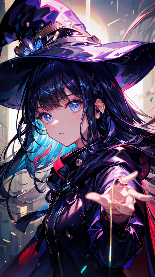 impressionist, ray tracing, backlighting, masterpiece, accurate, textured skin, detailed, high quality, high resolution, super detail, 1080p, detailed face, detailed eyes, multicolored hair, hair over shoulder, witch hat, magical girl, waving glowing wand, navy blue clothing, dark navy cape, meteor shower in background