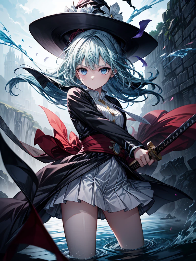 A highly detailed illustration of Sayaka Miki from "Puella Magi Madoka Magica" in the midst of a battle, performing the "Seisei Ruten" technique from "Demon Slayer: Kimetsu no Yaiba." She is in her magical girl form, wearing her blue and white outfit with a flowing cape. Her short blue hair is tousled, and her expression is intense with determination. She wields a sword with both hands, unleashing a series of continuous, fluid slashes that resemble the flowing water, just like in the Seisei Ruten technique. The scene captures the motion of her attack, with swirling water and energy spiraling around her blade, creating a visual effect of a powerful torrent. The background is dark and chaotic, with swirling shadows and a hint of a witch's labyrinth, intensifying the dramatic atmosphere. The art style should be anime-like, emphasizing the action, the fluidity of the technique, and the emotion of the moment.