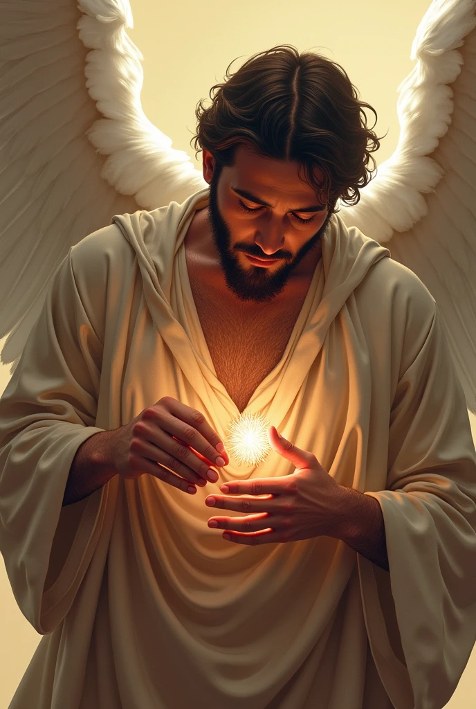 Create a super high image for me that appears in a digital art style that combines realism and surrealism,"Image showing Angel Gabriel gently opening the chest of Prophet Muhammad ﷺ. The Prophet is shown in a calm state, while Gabriel holds a special tool, and extracts a clot from the Prophet's heart. Calm scene background and warm colors."