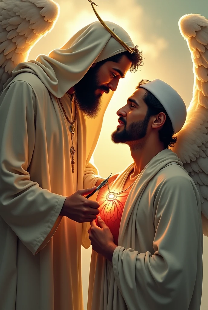 Create a super high image for me that appears in a digital art style that combines realism and surrealism,"Image showing Angel Gabriel gently opening the chest of Prophet Muhammad ﷺ. The Prophet is shown in a calm state, while Gabriel holds a special tool, and extracts a clot from the Prophet's heart. Calm scene background and warm colors."