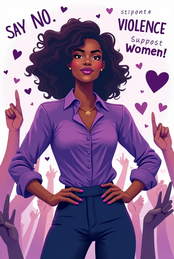 "Create a poster on the theme of preventing violence against women. The poster must convey a strong and empowering message, highlighting the importance of respect, equality and support. Use a striking color palette, like shades of purple and white, that symbolize the cause. Feature an image of a confident, resilient woman, surrounded by symbolic elements such as hands raised in support, purple hearts and bows. The poster text must be clear and direct, with phrases like 'Say No to Violence', 'Respect and Equality for All' and 'Support Women'. The overall tone should be hopeful., but with a sense of urgency for action."