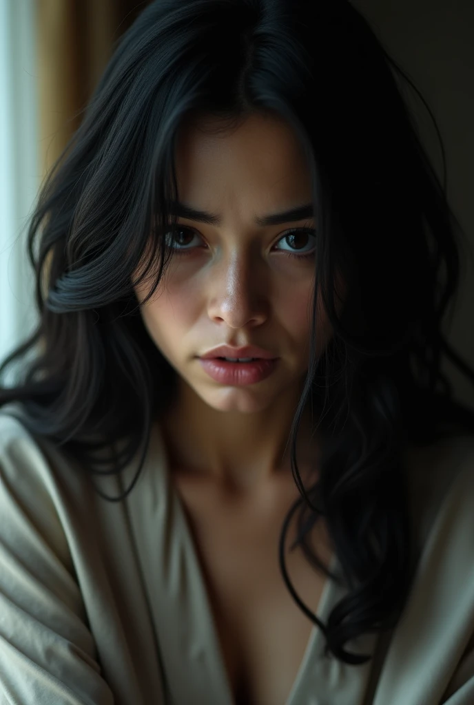 A woman, black hair, distressed face, in a room, realistic (real), Photorealistic