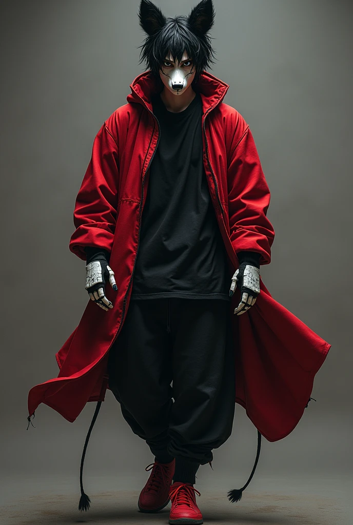 messy black hair, He has a mark on his right cheek that reaches to his eyelid., He wears a Kitsune mask to hide his face., He wears a red jacket with a black shirt, black gloves covered by white iron plates with some crack details painted in black, black pants with red sneakers
