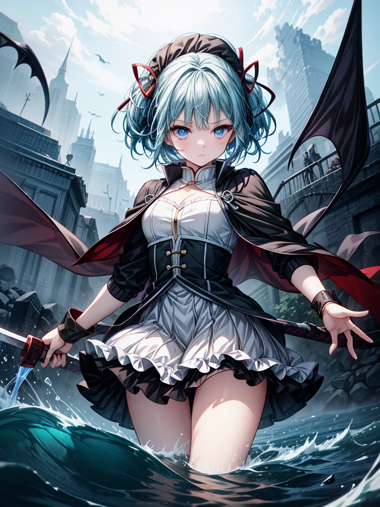 A highly detailed illustration of Sayaka Miki from "Puella Magi Madoka Magica" in the midst of a battle, performing the "Seisei Ruten" technique from "Demon Slayer: Kimetsu no Yaiba." She is in her magical girl form, wearing her blue and white outfit with a flowing cape. Her short blue hair is tousled, and her expression is intense with determination. She wields a sword with both hands, unleashing a series of continuous, fluid slashes that resemble the flowing water, just like in the Seisei Ruten technique. The scene captures the motion of her attack, with swirling water and energy spiraling around her blade, creating a visual effect of a powerful torrent. The background is dark and chaotic, with swirling shadows and a hint of a witch's labyrinth, intensifying the dramatic atmosphere. The art style should be anime-like, emphasizing the action, the fluidity of the technique, and the emotion of the moment.