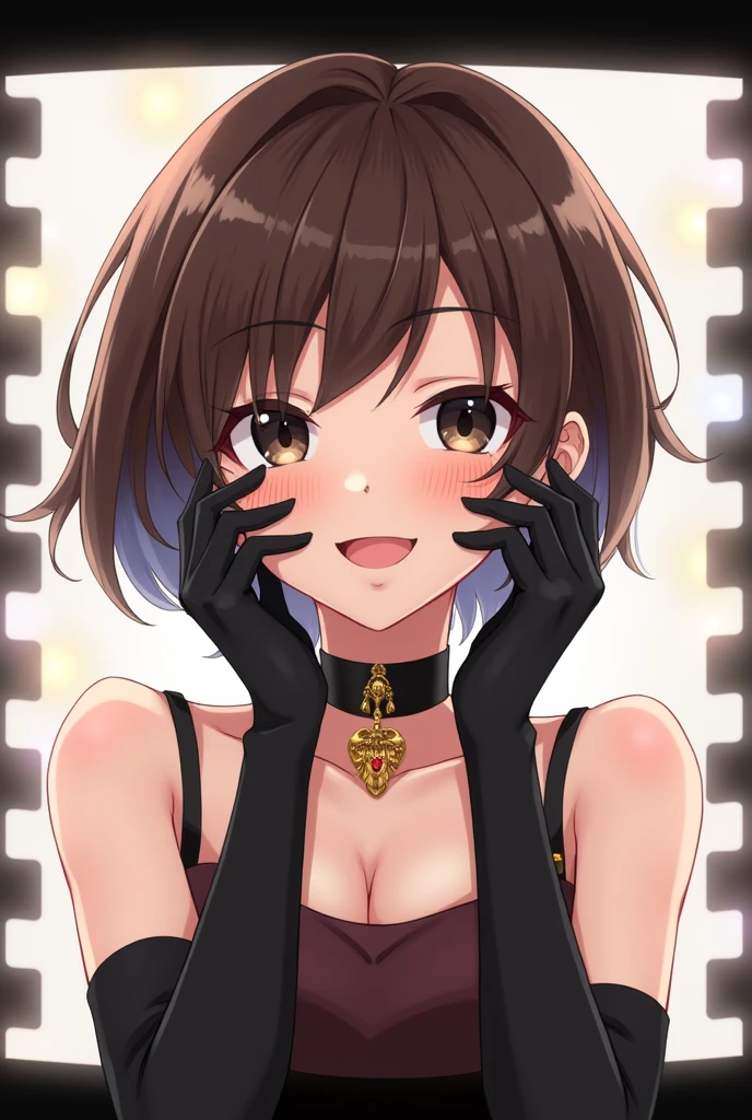 1girl, anime_coloring, black_eyes, black_gloves, brown_hair, choker, earrings, gloves, jewelry, letterboxed, parody, short_hair, smile, solo, style_parody,  