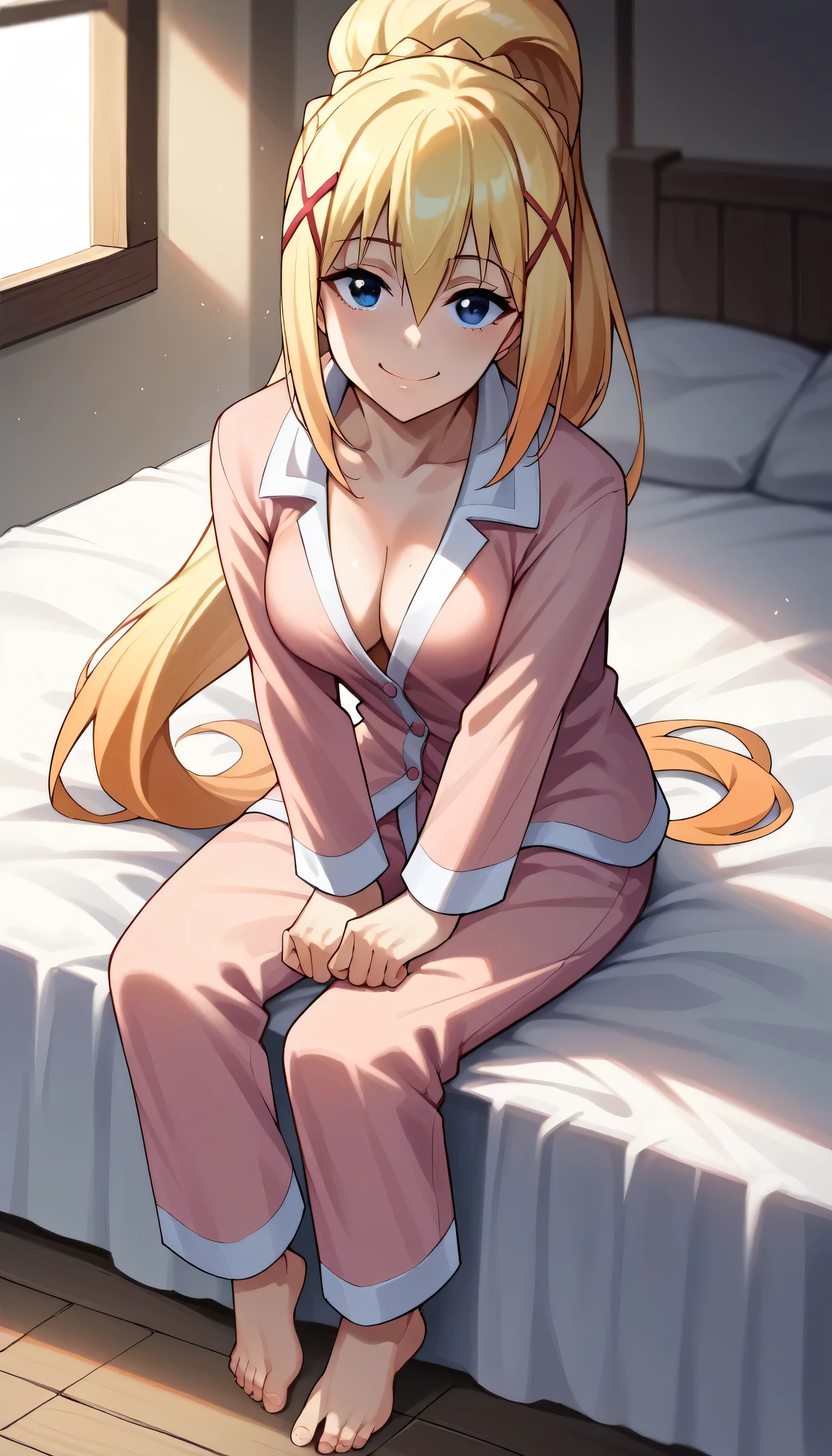 ,1girl, pajamas, smile, looking at viewer, on bed, solo, downblouse, bed, sitting,  indoors, bed sheet, barefoot, closed mouth,  pajamas, hair between eyes,darkness \(konosuba\), long hair, blue eyes, blonde hair, hair ornament, ponytail, braid, x hair ornament