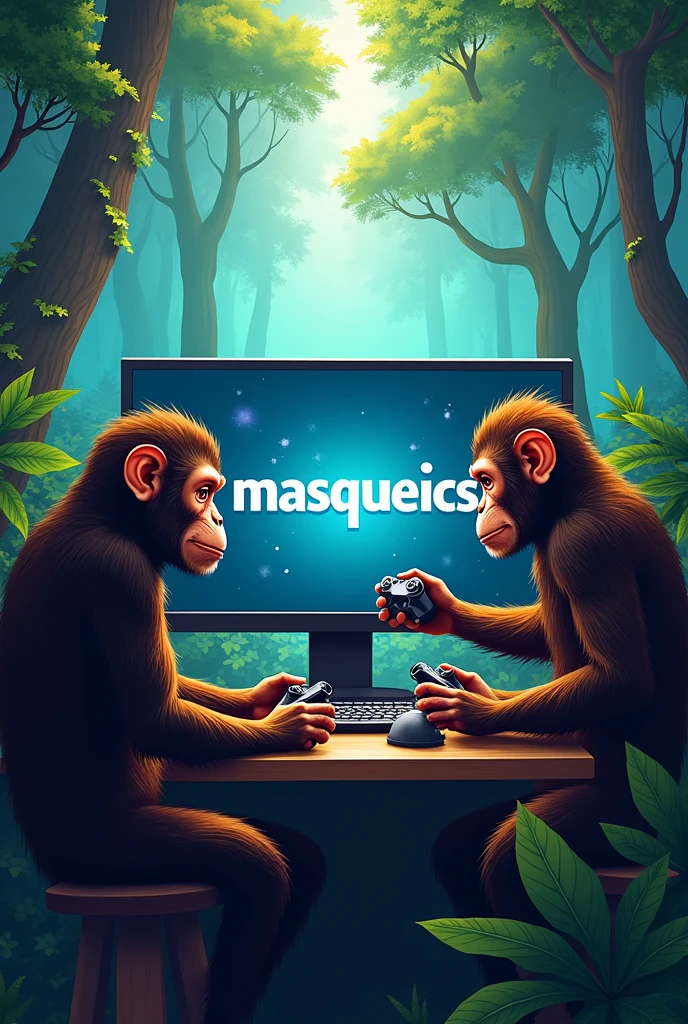 Create an image with the name "MASQUEICS" on the screen and with gamer monkeys in the image and a forest in the background, profile photo style image