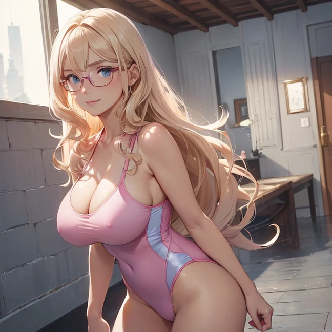 (Master piece, best high quality image, carefully detailed details and textures, alone solo character, full body back view)
{{(1character: 30 years old blonde haired danish human girl:(fair skin, blonde long curly hair, beautiful light-blue eyes, beautiful face, sharp eyebrows, voluptuous figure, big breasts, big butt, beautiful legs, lovely smile, friendly demeanor, walking relaxed),(left pink ribbon), blue round glasses, pink one-piece swimsuit),(common house, common terrace with simple detailes))}}
