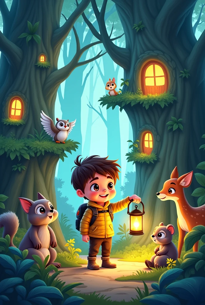 Create a whimsical children's book cover illustration that features a colorful, enchanted forest filled with vibrant plants and magical creatures. In the foreground, show a curious young child (gender-neutral) with big, wide eyes, dressed in adventure-ready clothing, holding a glowing lantern. The child is surrounded by friendly animals like a wise old owl, a playful squirrel, and a gentle deer, all looking towards the child with expressions of wonder and excitement. The background should include towering, ancient trees with intricate details, some with doors and windows, suggesting they are homes to mysterious beings. Soft, warm lighting should give the scene a magical, inviting feel. The title of the book should be displayed in playful, childlike fonts above the scene.
