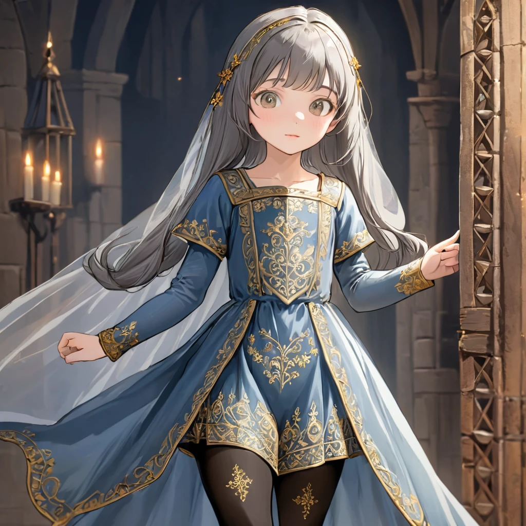 8 year old medieval girl, Medieval golden embroidery、Long one-piece dress with semi-transparent pannier, gray semi-transparent tights, realistic fabric, highest quality、Crotch close-up