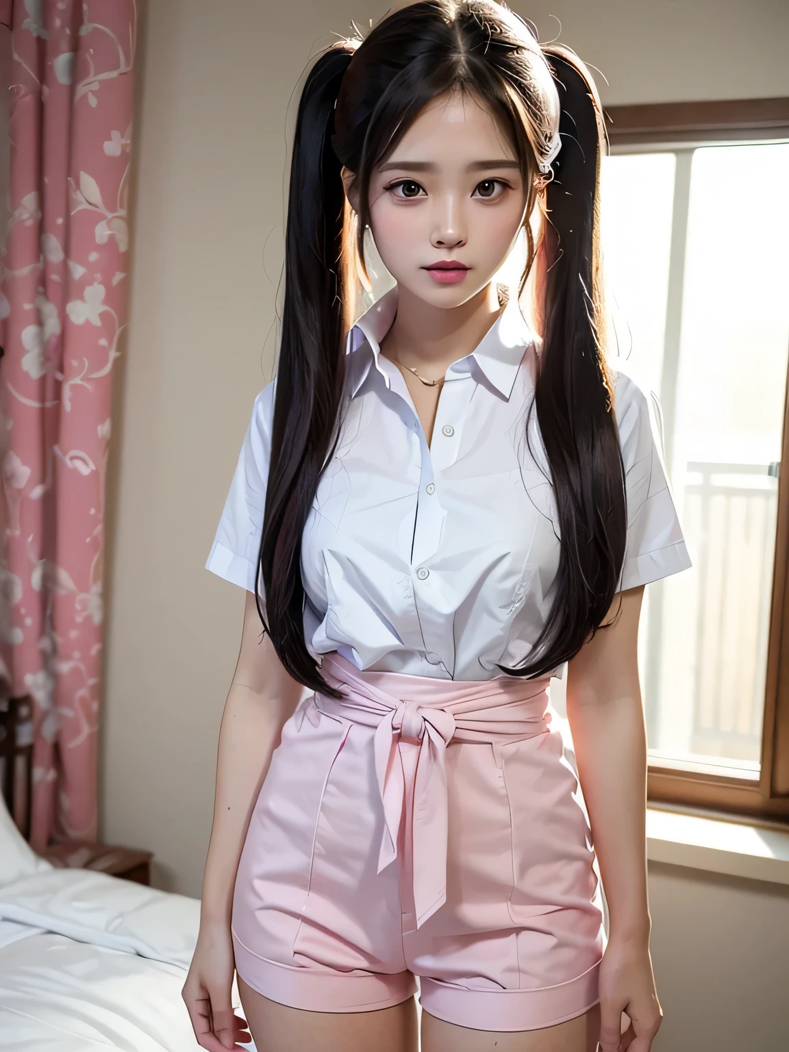 　(Highest quality、8k、32K、masterpiece、Hmph:1.2)、(masterpiece, Highest quality), Realistic photos, high school girl、((Two))、Twin tails、Instagram, Bright colors, High Dynamic Contrast, Slender figure、thin、Small, shapely breasts、Purple eyes, Lips parted, blush, compensate, A light smile, Red tie、White short-sleeved shirt、sexy、Blue exy、Sweat, Wet, light, Shine,  Tight waist, (masterpiece), Pink Wallpaper