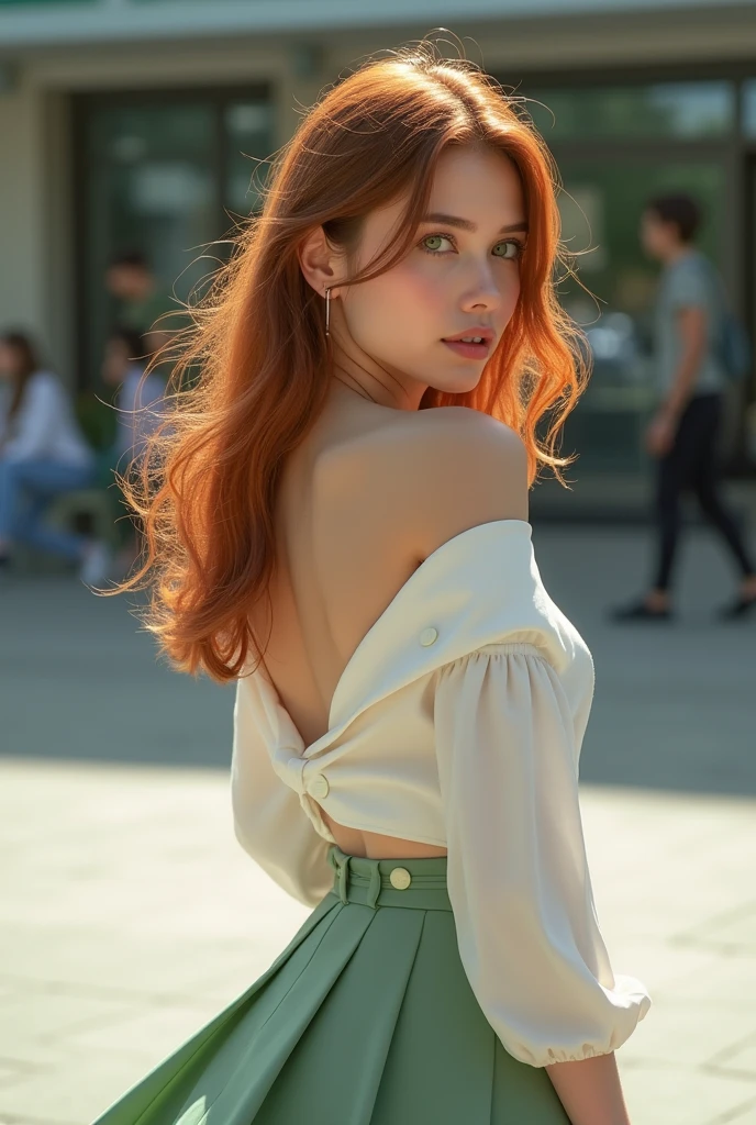 a 22 year old girl with light reddish brown hair, piercing green eyes, (she doesn&#39;t know we&#39;re watching her), wearing a student uniform, (white low-cut blouse with buttons, short light green flared skirt), the skirt with the wind reveals a little of her hip, she is with her back turned looking slightly back, local: public square. detailed facial features, Detailed human anatomy, high qualiy, photo realist, 8k, hyper detailled, perfect lighting, film composition, chic, Beauthfull, graceful, seductiv, appealing, captivating