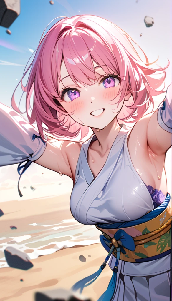 (1 person),(Best image quality, 8k, masterpiece:1.3), (high school student:1.5), ((Pink lob hair:1.1)), (Bobcut),(Swept-apart bangs), (Cute eyes, Iris Sky Blue, like々funny Face), (Standard weight), (Small breasts), (Glowing Skin:1.3),(Pale skin:1.2),(Sweaty skin:1.2),(smile),break YunaX, Removable sleeves, kimono, sash, heart, Hakama skirt, Purple too,break ((Show your armpits)),(Crystal Tree), (flying debris), (Highest quality), Very detailed, ((1 person)), Focus Only，dynamic，((smile))，Perfect Face, 美funny Face, Very detailedな顔，(Pink long hair_Pink Eyes:1.3)，Swimwear，Idle only，Gorgeous hair ornament,smile，Large Breasts，Sandy Beach，smile,alone, 1 personの, blush, 