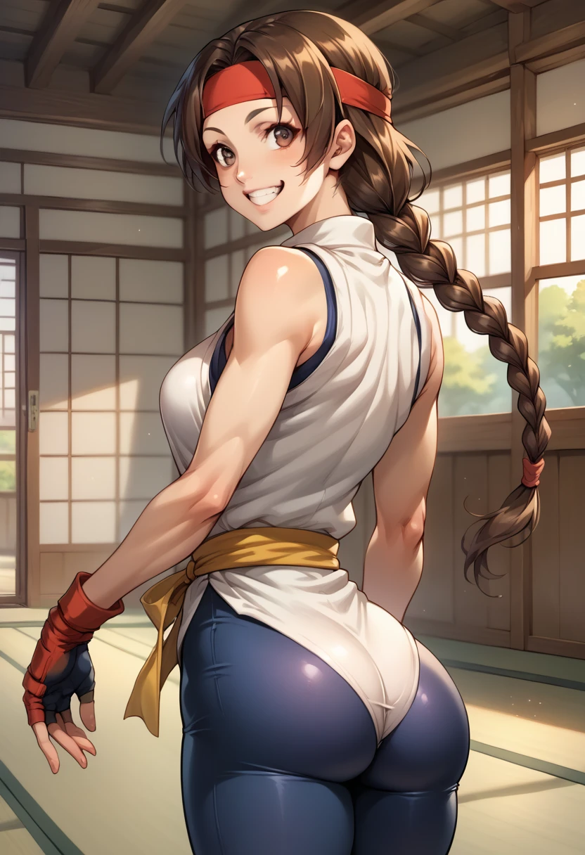 score_9, score_8_up, score_7_up, BREAK, score_9, ysakazaki, happy, teeth, smile, brown hair, brown eyes, single braid, dougi, spandex, headband, fingerless gloves, cowboy shot, ass, from behind, dojo