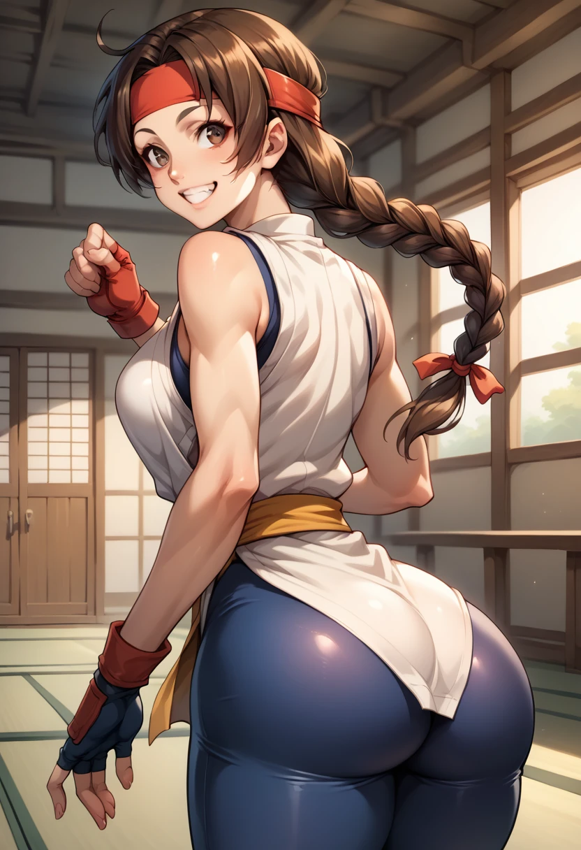 score_9, score_8_up, score_7_up, BREAK, score_9, ysakazaki, happy, teeth, smile, brown hair, brown eyes, single braid, dougi, spandex, headband, fingerless gloves, cowboy shot, ass, from behind, dojo