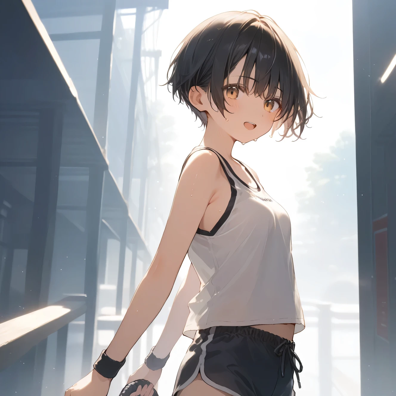 score_9, score_8_up, score_7_up, source_anime, best quality, masterpiece, official art, absurdres, highres, ultra-detailed,waifu2x,Collection: Slice of Life,break,1girl, short hair, pixie cut, flipped hair, small breasts, beautiful (well-shaped) breasts,beautiful detailed eyes, sweat, gym shorts, (wavy mouth:0.3), open mouth, outdoors, (Detailed Lighting), (Detailed background),break,(clear line illustration:1.2), super detailed skin,very high resolution, very aesthetic, Best sexual lighting powered by famous artist, 8k, 16k, cute picture,beauty illustration,photoshop_(medium),,(Detailed Lighting),best anime 8k konachan wallpaper, pixiv contest winner,