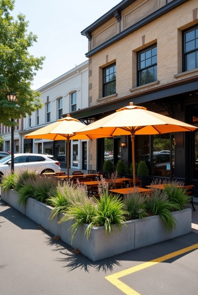 outdoor dining in three parking spaces with two umbrellas and as a windbreak square stone pots close together with not so tall plants inside in U shape should be on the street where the cars drive and not directly next to the shop