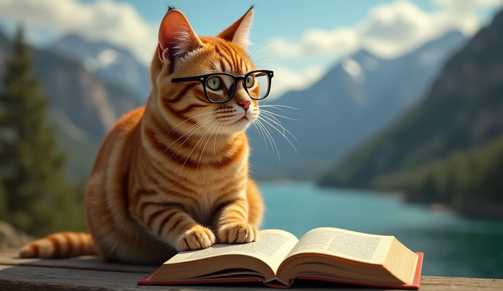 A brown cat is reading a book seriously,Wear glasses,宝箱にはHealingの公式が現れる,background,Mountains and Rivers,backgroundに宝箱があります,Astronomical formulas appear、Healing、healing