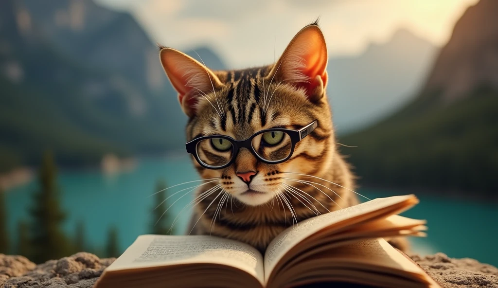 A brown cat is reading a book seriously,Wear glasses,宝箱にはHealingの公式が現れる,background,Mountains and Rivers,backgroundに宝箱があります,Astronomical formulas appear、Healing、healing