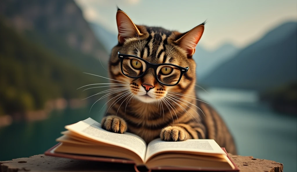 A brown cat is reading a book seriously,Wear glasses,宝箱にはHealingの公式が現れる,background,Mountains and Rivers,backgroundに宝箱があります,Astronomical formulas appear、Healing、healing
