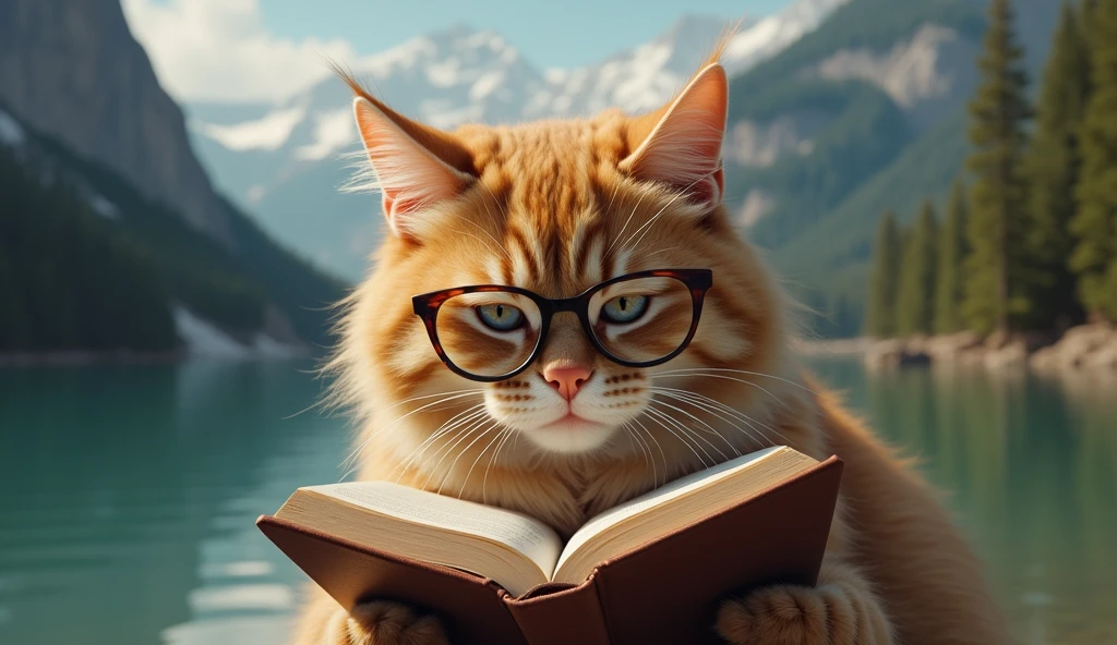 A brown cat is reading a book seriously,Wear glasses,宝箱にはHealingの公式が現れる,background,Mountains and Rivers,backgroundに宝箱があります,Astronomical formulas appear、Healing、healing