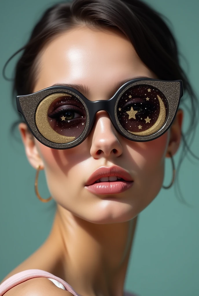 The model is wearing glass sunglasses with stars and the moon on the glass