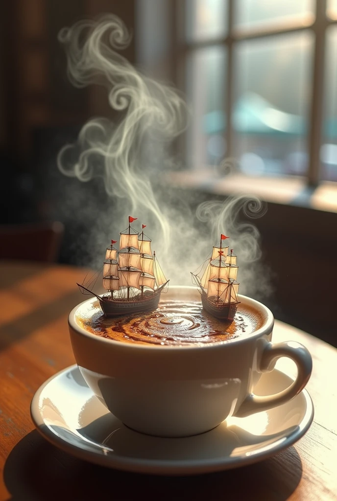 A macro Close-up of a captivating and whimsical photorrealistic of a steam vapor naval battle taking place atop a cup of coffee. The ghostly ships are gracefully engaged in combat, with steam and vapor forming the ocean and sky. Steam cannonballs fly through the air, leaving intricate trails of vapor that add to the scene's dynamic energy. The warm, inviting ambiance of the café is emphasized by natural light streaming through a nearby window, casting a soft glow that highlights the intricate details of the illustration. This enchanting coffee art masterfully blends reality and fantasy to create a visually stunning and immersive composition.