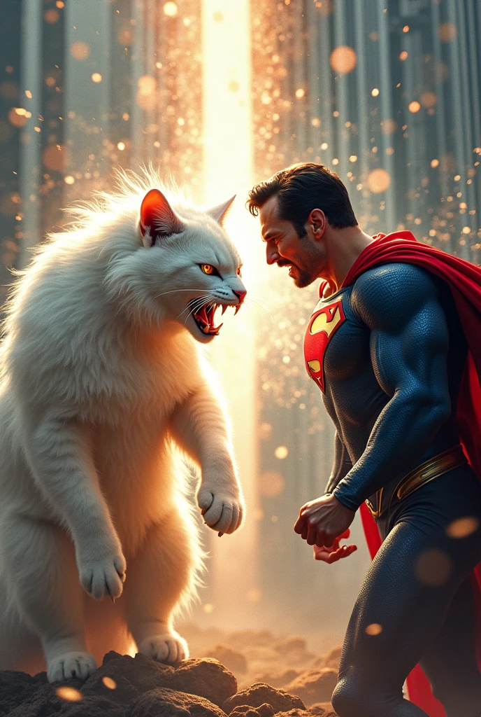Furious white super cat will shoot superman beams and superman will also shoot super cat this is a cover drawing narciuy very realistic and add them in the middle VS their beam should be opposite.
Draw them from the right side