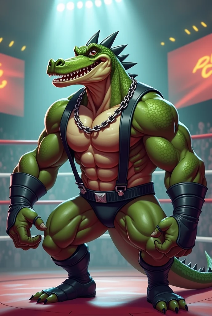 Detailed picture of a confident male villain wrestler anthro, (crocodile, olive green, lean body) squat down on a wrestling ring, trending on Art Station, Ross Tran, ruan jia, foxovh, ((smirk expression, gritting teeth, let he's hands hang limp, wearing charcall wrestler brief, wearing wrestling protective gear, with a metal chain around he's neck, (((dynamic lighting,))), cartoon