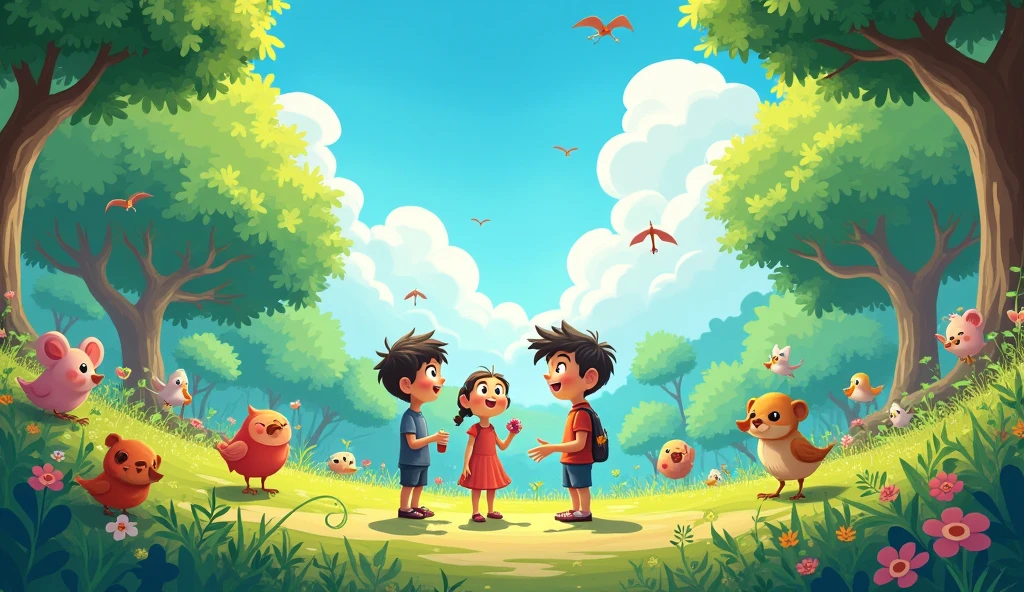 Create an cartoon image of birds trees animal cloud and some human character and write in hindi kahani ki baghia