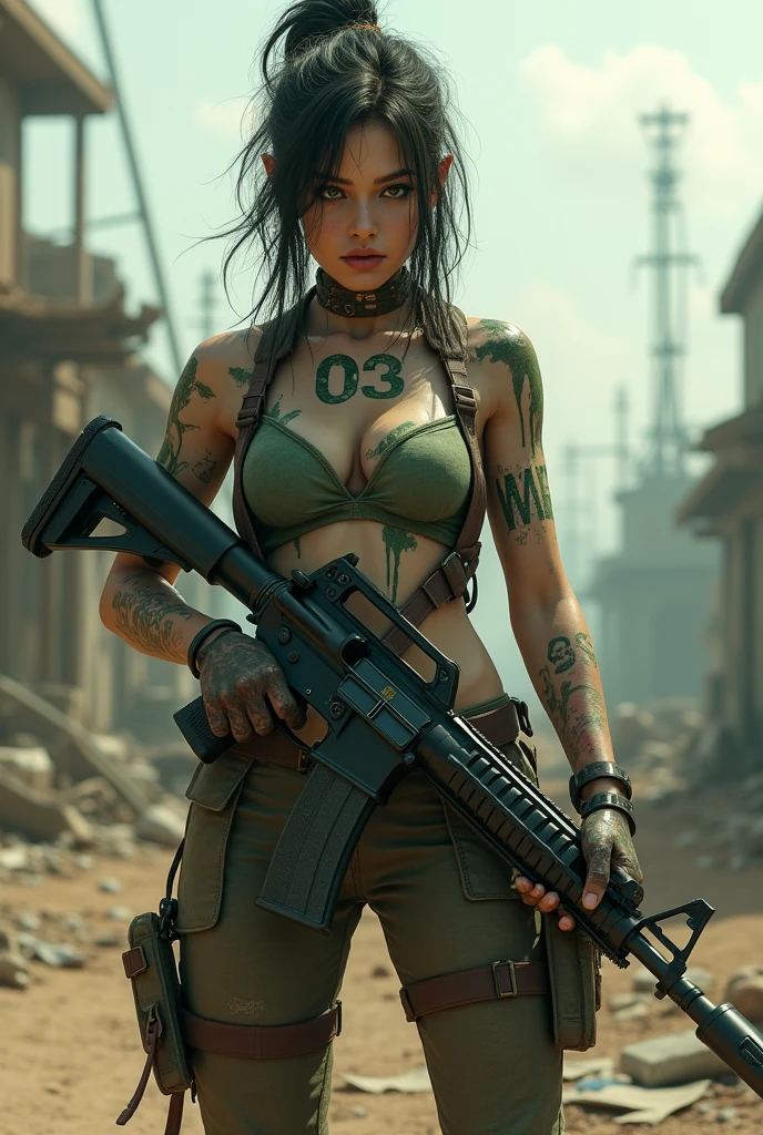 A hot toxic girl holding m416 gun with toxic printed on his chest and 03 on his shoulder in infected area .