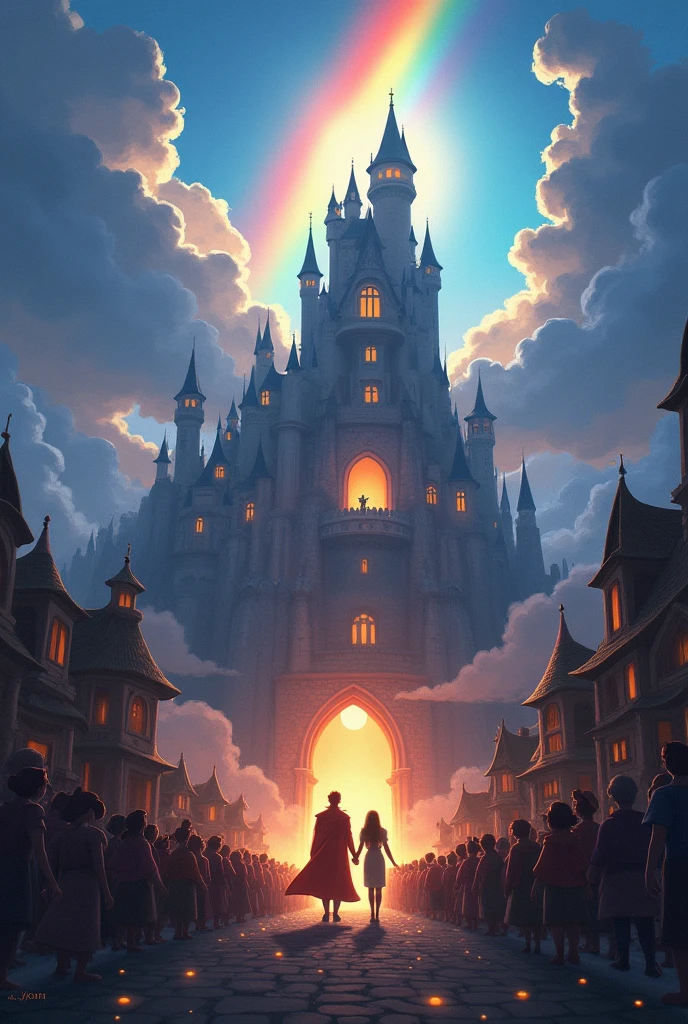 The two of them descended from the tower together and, when leaving the castle, A rainbow appeared in the sky, dispelling all the evil witch's spell. The kingdom has once again become a place of joy and peace., and Prince Leo and Princess Luna became great friends. They returned to the village, where everyone celebrated and lived happily ever after.
