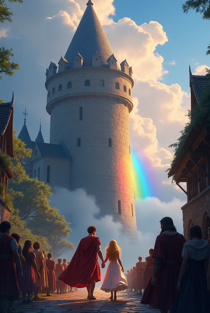 The two of them descended from the tower together and, when leaving the castle, A rainbow appeared in the sky, dispelling all the evil witch's spell. The kingdom has once again become a place of joy and peace., and Prince Leo and Princess Luna became great friends. They returned to the village, where everyone celebrated and lived happily ever after.