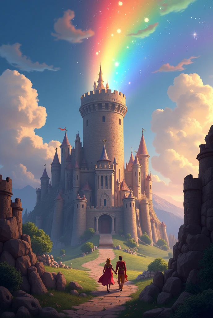 The two of them descended from the tower together and, when leaving the castle, A rainbow appeared in the sky, dispelling all the evil witch's spell. The kingdom has once again become a place of joy and peace., and Prince Leo and Princess Luna became great friends. They returned to the village, where everyone celebrated and lived happily ever after.
