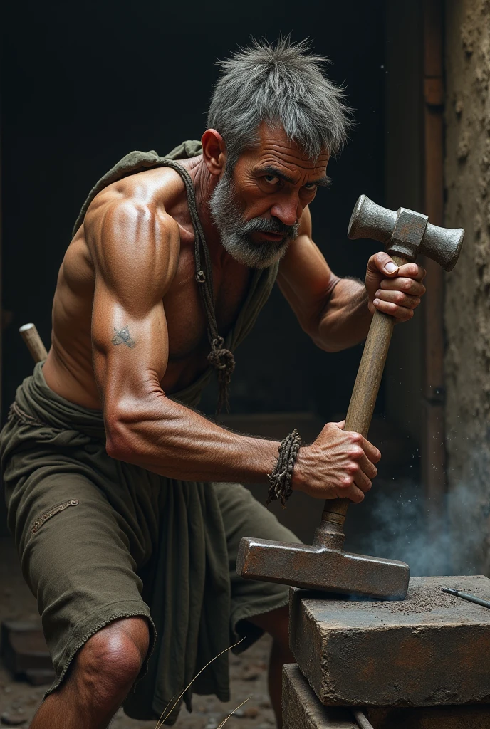 A poor man hits an iron object with a hammer



