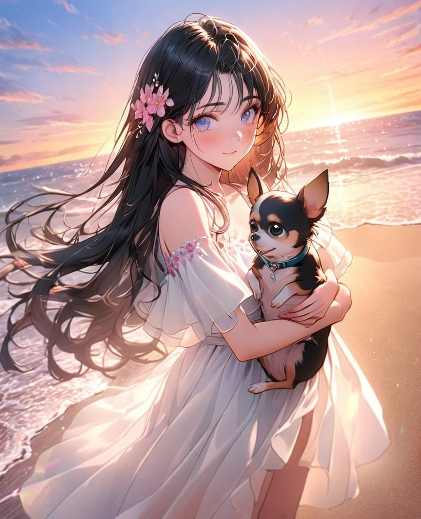 8k,Ephemeral beauty,Very delicate and beautiful,Beautiful and realistic skin,,Black Hair、Long and colorful hair,Beautiful Eyes,good,Beautiful sunset、dog(chihuahua)hug、dog cream color、Walking on the beach with my dog、casual、