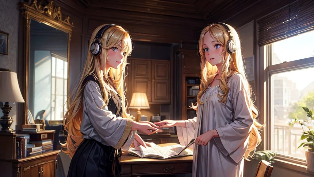 A 22-year-old girl with long blonde hair, the other with long dark blonde hair, studying together, sitting at their desk in their cozy room, in the background there is a decoration worthy of a very chic room, their extroverted smiles and radiant honey-colored eyes reflect youthful joy, her wavy hair cascades down to her waist, shining in the natural light of the room, wearing nightwear, her eyes are bright, in her parted lips revealing her surprise at the landscape of her fourth, personifying the innocence of their age, on their heads are two headphones full of lights that reflect their lofi style of being.