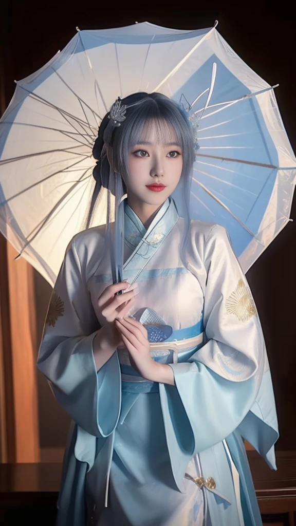 arafed asian woman in a blue dress holding an umbrella, palace ， a girl in hanfu, beautiful render of tang dynasty, hanfu, wearing ancient chinese clothes, white hanfu, trending on cgstation, with acient chinese clothes, chinese style, traditional beauty, pale and coloured kimono, guweiz, a beautiful fantasy empress, beautiful character painting