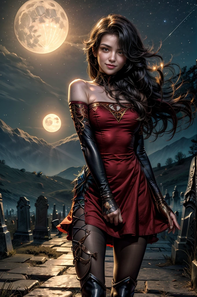 (masterpiece, best quality:1.2), cowboy shot, solo, 1girl, cinder fall, smiling, looking at viewer, long hair, red dress, elbow gloves, pantyhose, night, stars, moon, standing in rundown graveyard on hillside, ancient crypt, cracked tombstones, bonfire, small crowd (volumetric lighting), sharp focus, hyper detailed