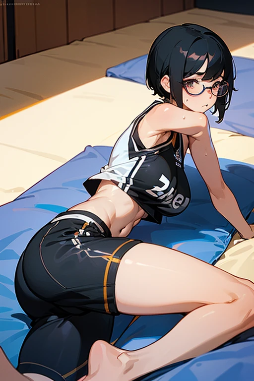 A girl with glasses, short black hair, a basketball outfit with a crop top and shorts, shy pose, showing her thighs, lying on a bed, top view, showing her back, big breasts, big butt, bare feet, lying down, sweating, no basketball, heart-shaped eyes.