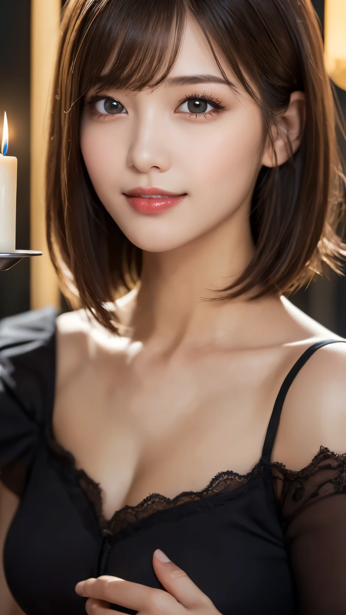 (photorealistic, 32k, RAW photo, best quality: 1.4), (masterpiece:1.3), (absurdres, attractive, ultra high resolution, ultra realistic, highly detailed, golden ratio, ultra detailed, super fucking beautiful detailed face), natural makeup, detailed cloth texture, detailed hair texture, beautiful detailed fullbody, Perfect female body, accurate, Anatomically correct, Highly detailed face and skin texture, (beautiful hands), (realistic skin), (beautiful pale skin:1.1), (large breasts), (thighs), (cowboy shot:1.3), (Perfect dynamic composition, looking at viewer),
BREAK,
realistic eyes, beautiful detailed eyes, symmetric eyes, Light Brown eyes, Double eyelids, Thin eyebrows, (Glossy lips:1.4), ((A face with waiting for a kiss, Seductive smile:1.2)), (weat skin, blush:1.1),
BREAK,
((short hair, bob, Dark blonde hair, bangs:1.2)), (night, Candlelit church:1.3), (Priest attire, cross:1.3)