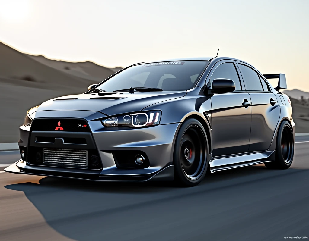 Envision a Mitsubishi Evolution with a sleek, aerodynamic body kit that slices through the air with ease. The front bumper features a bold, angular design with a prominent splitter and air intakes. The side skirts are flared, with a subtle fin that runs along the length of the car. The rear bumper features a diffuser and a sleek, integrated spoiler. The wheels are forged from lightweight alloys, with a unique, turbine-inspired design. The tires are high-performance, with a unique tread pattern that provides exceptional grip and handling