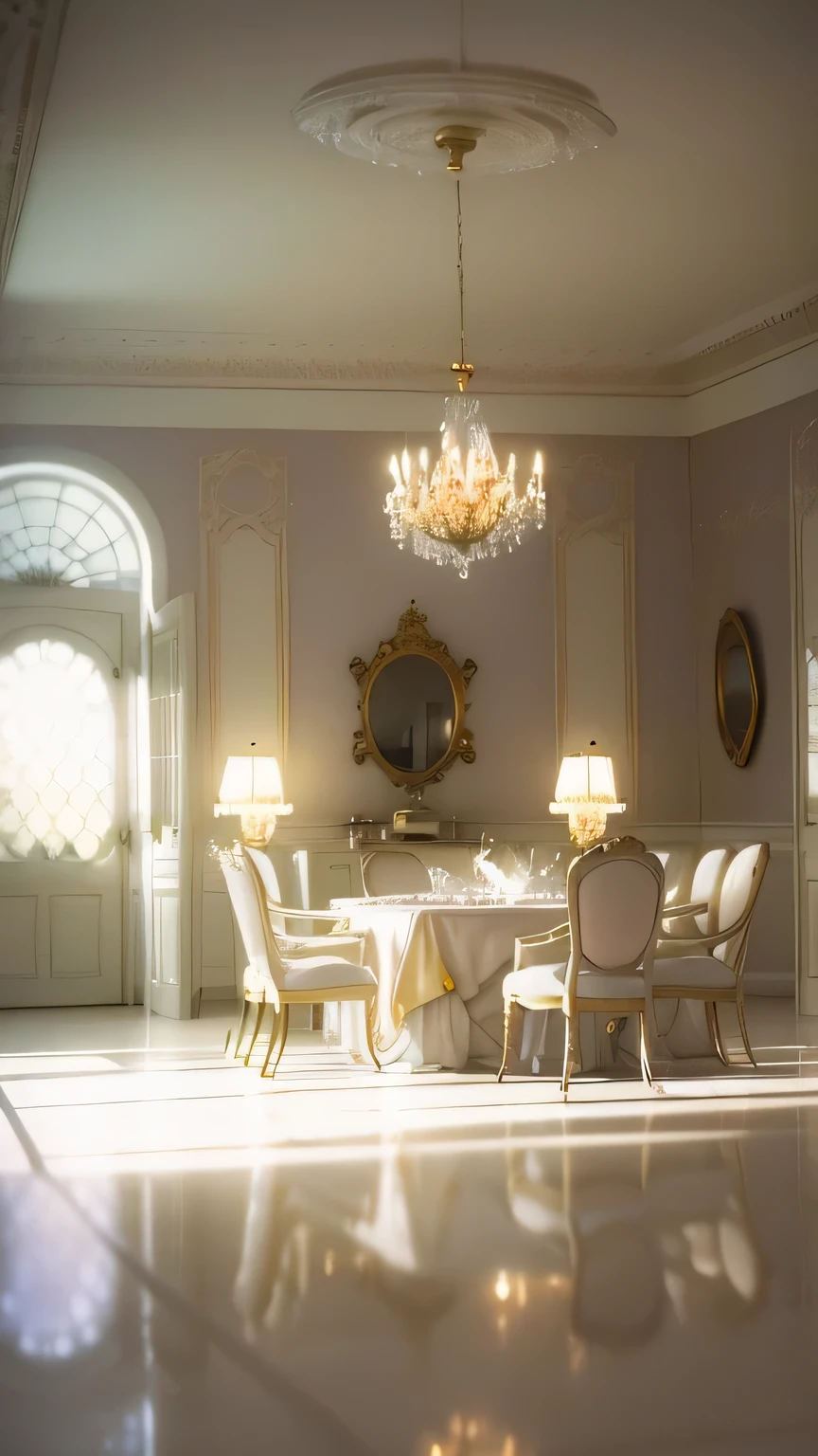 a white dreamy house, dining room, retro, foggy, soft focus, year of 1995, cool lighting, muted pastel colors, glowing atmosphere, dramatic, cinematic composition, dream-like quality, ethereal, romantic, soft focus photography, golden hour, windy, marble, golden and mirrors, hazy, thick fogs