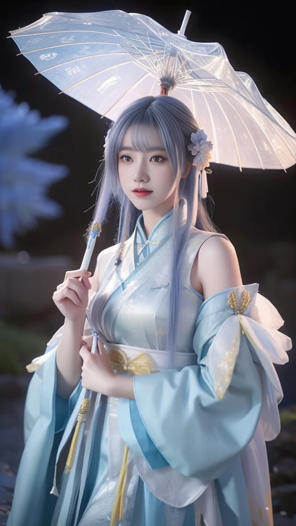 arafed asian woman in a blue dress holding an umbrella, palace , a girl in hanfu, beautiful render of tang dynasty, hanfu, wearing ancient chinese clothes, white hanfu, trending on cgstation, with acient chinese clothes, chinese style, traditional beauty, pale and coloured kimono, guweiz, a beautiful fantasy empress, beautiful character painting