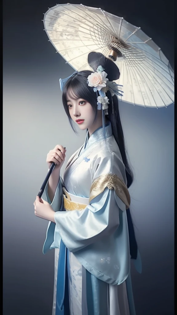 arafed asian woman in a blue dress holding an umbrella, palace ， a girl in hanfu, beautiful render of tang dynasty, hanfu, wearing ancient chinese clothes, white hanfu, trending on cgstation, with acient chinese clothes, chinese style, traditional beauty, pale and coloured kimono, guweiz, a beautiful fantasy empress, beautiful character painting