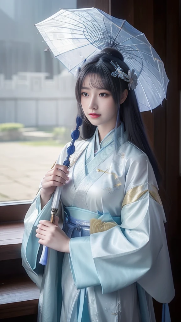 arafed asian woman in a blue dress holding an umbrella, palace , a girl in hanfu, beautiful render of tang dynasty, hanfu, wearing ancient chinese clothes, white hanfu, trending on cgstation, with acient chinese clothes, chinese style, traditional beauty, pale and coloured kimono, guweiz, a beautiful fantasy empress, beautiful character painting
