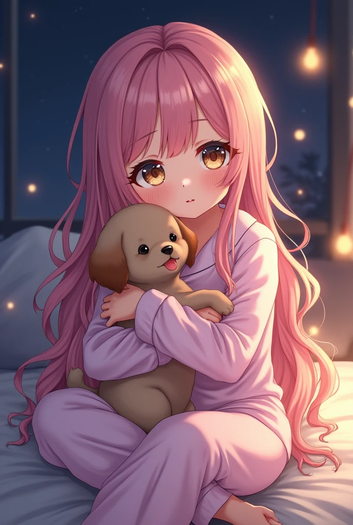 ((best quality)), ((masterpiece)),1 girl， anime girl， Body，Very short，pink long hair，in pajamas，Holding a puppy, night, 